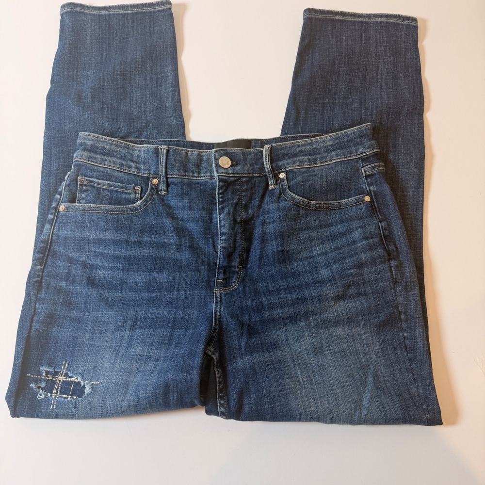 White House Black Market High Rise Slim Ankle Jeans Blue Patchwork Distressed 12